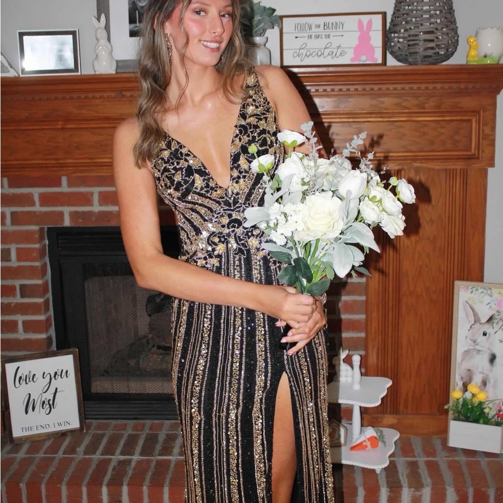 Sherri Hill Black and Gold Prom Dress